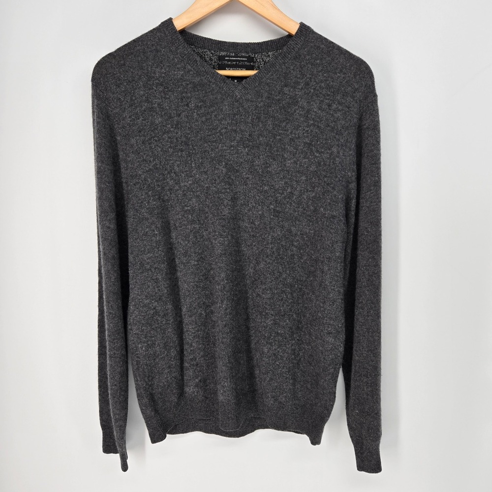 Nordstrom Sweater Mens Medium Gray 100% Cashmere V-Neck Pullover Luxury Knitwear